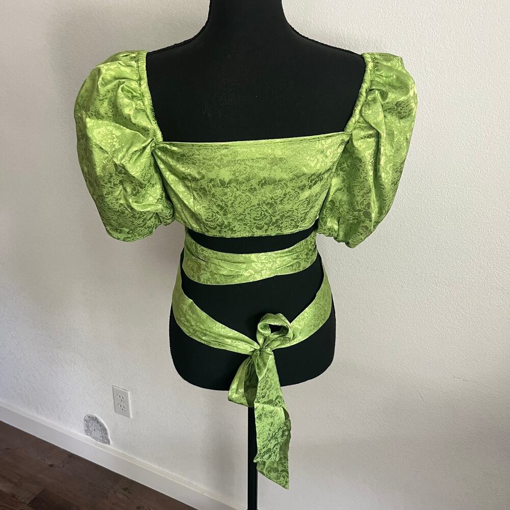 Ronny Kobo Satin Wrap Puff Sleeve Crop Top - Picture 3 of 7